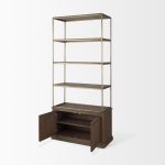 Braxton Dark Brown Wood w/ Antiqued Aged Brass Metal 3 Tiers 2 Door Shelving Unit