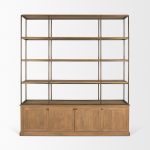 Braxton Light Brown Wood w/ Antiqued Brass Metal 3 Tiers 2 Door Shelving Unit