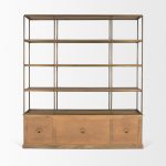 Braxton Light Brown Wood w/ Antiqued Brass Metal 3 Tiers 2 Door Shelving Unit