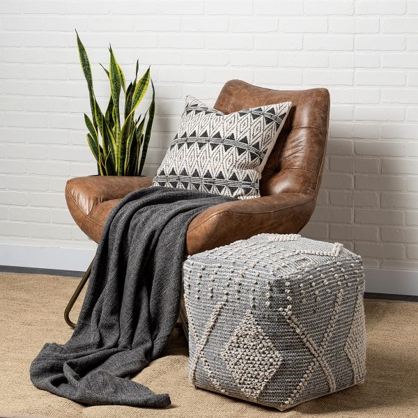 Brinket GrayCream Polyester Handwoven Square Pouf 1