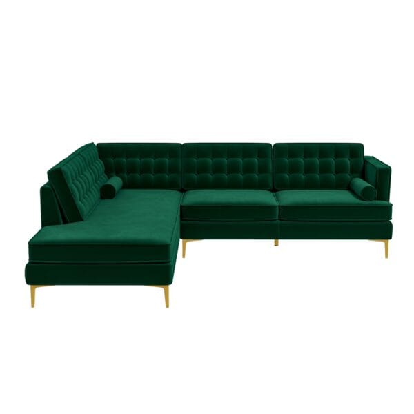 Green Velvet Left-Facing Sectional Sofa with Removable Legs