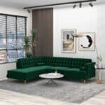 Green Velvet Left-Facing Sectional Sofa with Removable Legs
