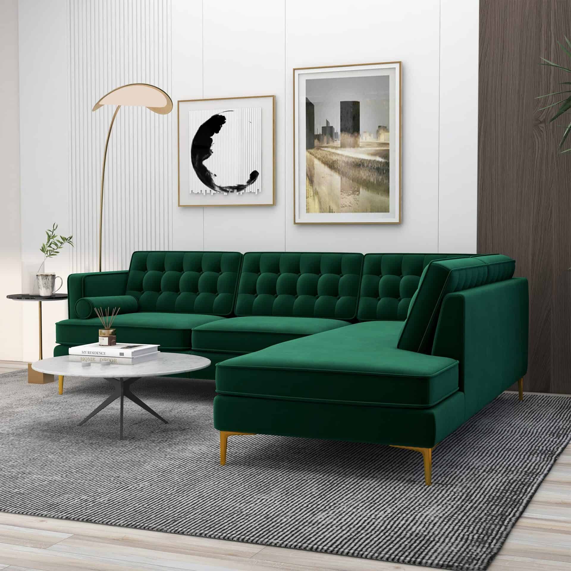 Green Velvet Right-Facing Sectional Sofa with Removable Legs 3 Green Velvet Right-Facing Sectional Sofa with Removable Legs - Image 3