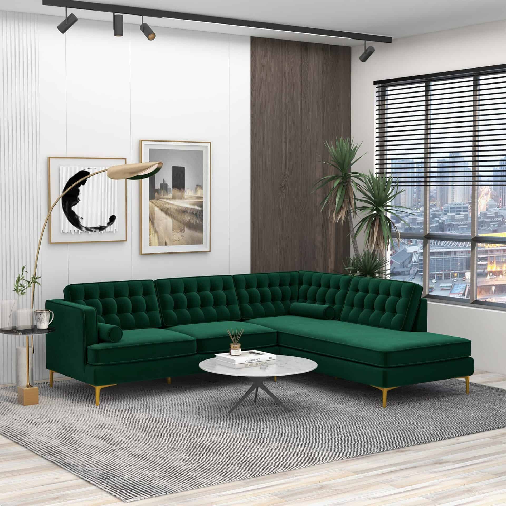 Green Velvet Right-Facing Sectional Sofa with Removable Legs 2 Green Velvet Right-Facing Sectional Sofa with Removable Legs - Image 2