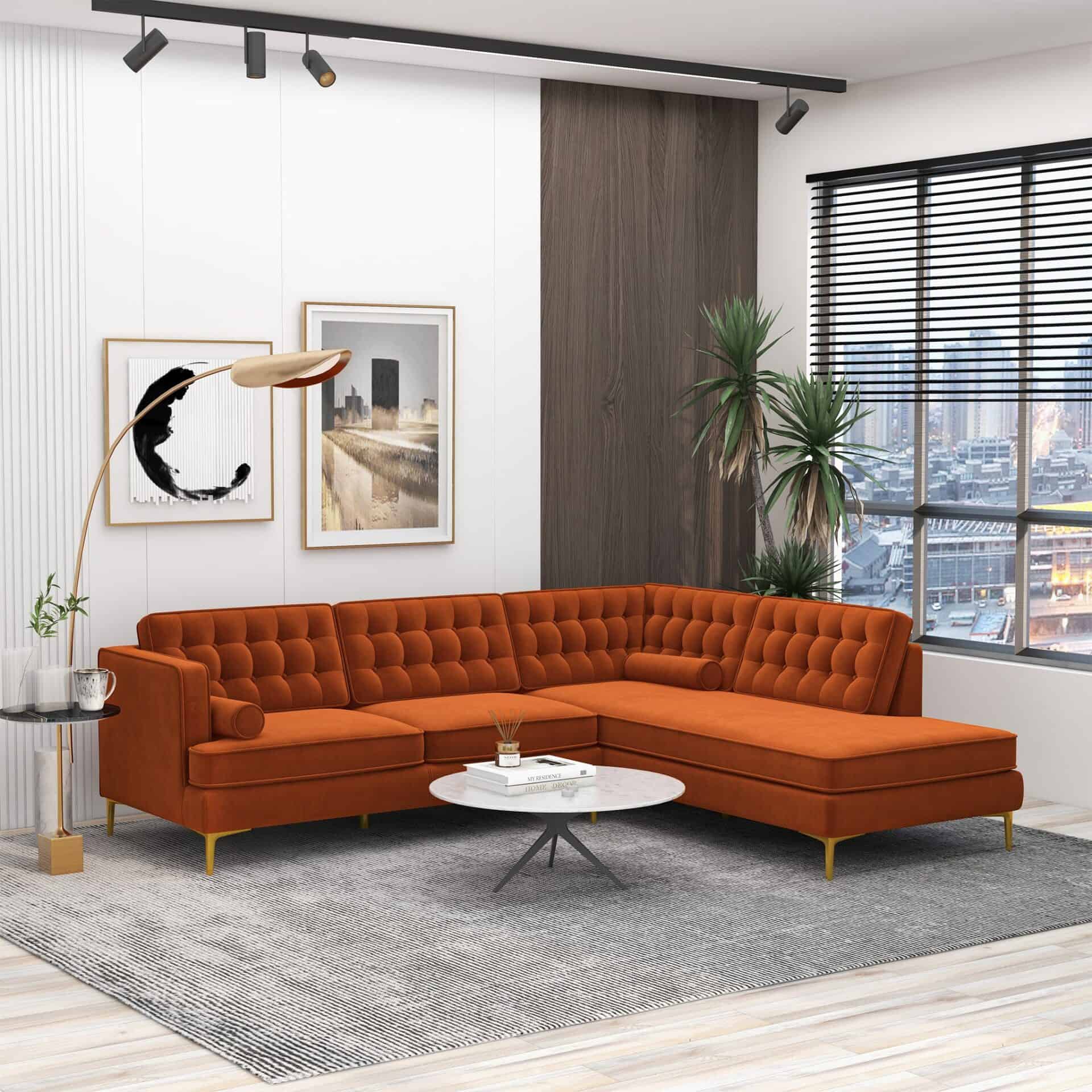 Orange Velvet Right-Facing Sectional Sofa with Removable Legs 3 Orange Velvet Right-Facing Sectional Sofa with Removable Legs - Image 3