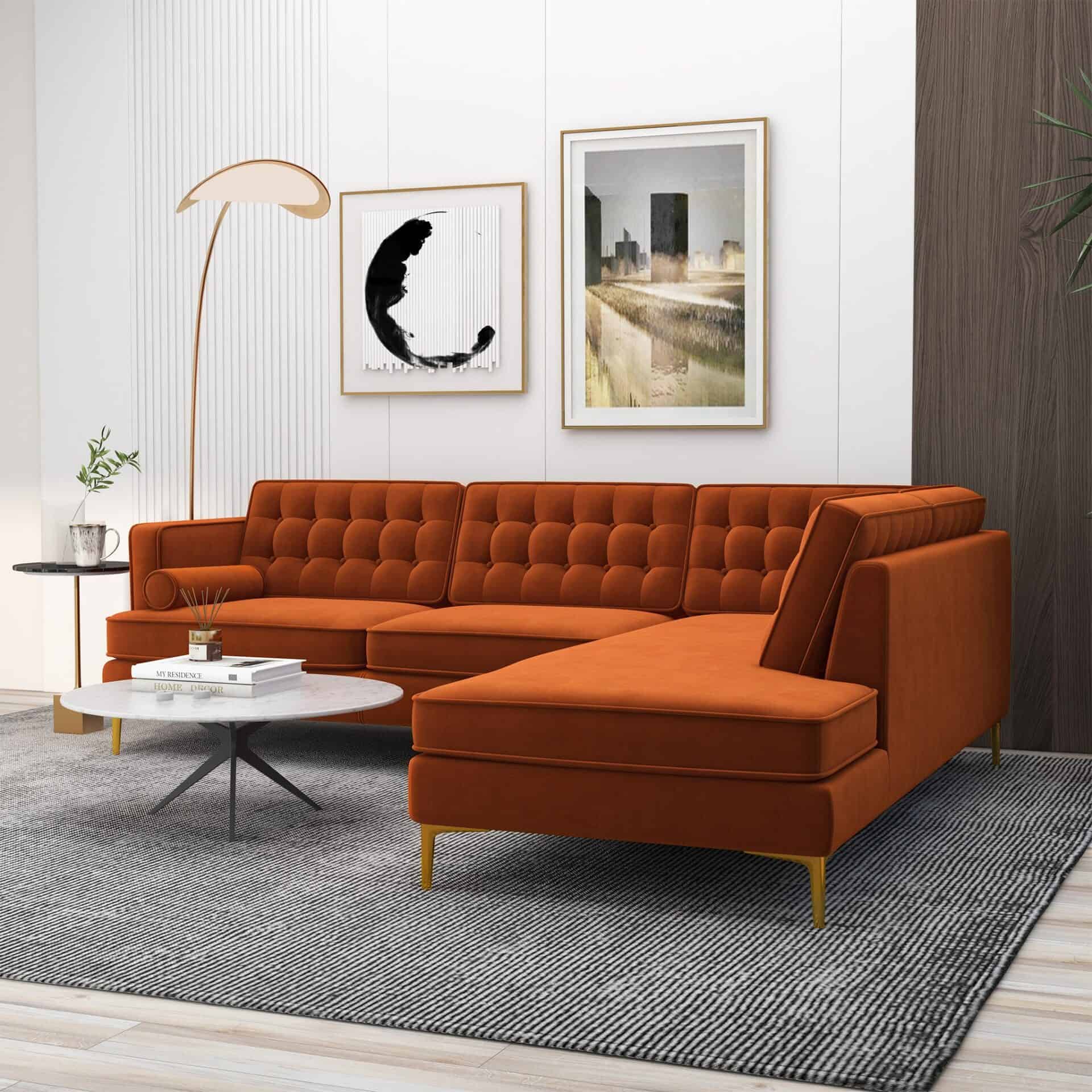 Orange Velvet Right-Facing Sectional Sofa with Removable Legs 2 Orange Velvet Right-Facing Sectional Sofa with Removable Legs - Image 2
