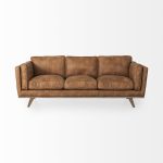 Brooks 90.2L x 34.8W x 33.5H Cognac Brown Faux Leather Three Seater Sofa W/ Medium Brown Wooden Legs
