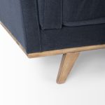 Brooks 90.2L x 34.8W x 33.5H Navy Blue Fabric Three Seater Sofa W/ Medium Brown Wooden Legs