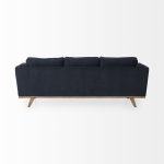 Brooks 90.2L x 34.8W x 33.5H Navy Blue Fabric Three Seater Sofa W/ Medium Brown Wooden Legs