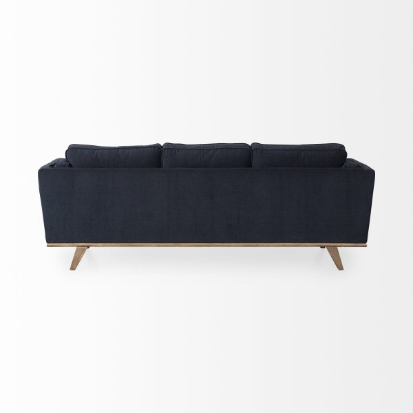 Brooks 90.2L x 34.8W x 33.5H Navy Blue Fabric Three Seater Sofa W Medium Brown Wooden Legs 6