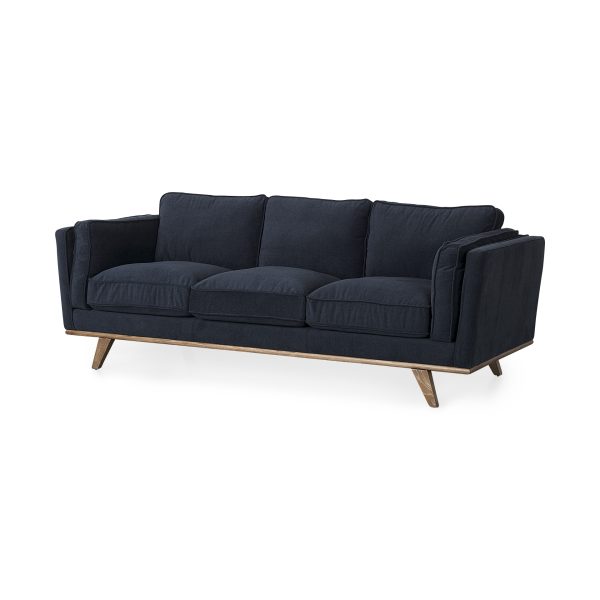 Brooks 90.2L x 34.8W x 33.5H Navy Blue Fabric Three Seater Sofa W Medium Brown Wooden Legs