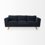 Brooks 90.2L x 34.8W x 33.5H Navy Blue Fabric Three Seater Sofa W/ Medium Brown Wooden Legs