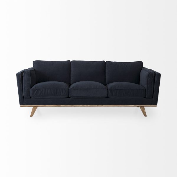 Brooks 90.2L x 34.8W x 33.5H Navy Blue Fabric Three Seater Sofa W Medium Brown Wooden Legs 7