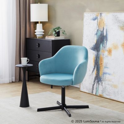 Buena Contemporary Swivel Accent Chair Black Metal Light Blue Velvet