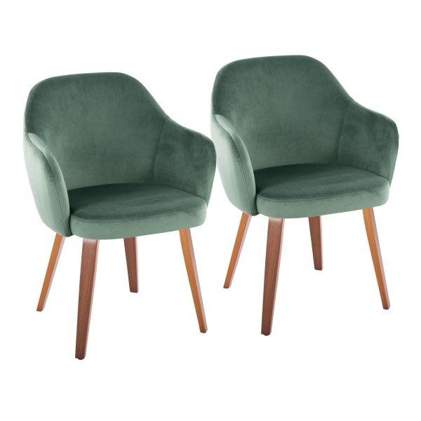 Buena Walnut Wood and Green Velvet Contemporary Dining Chairs Set of 2 1