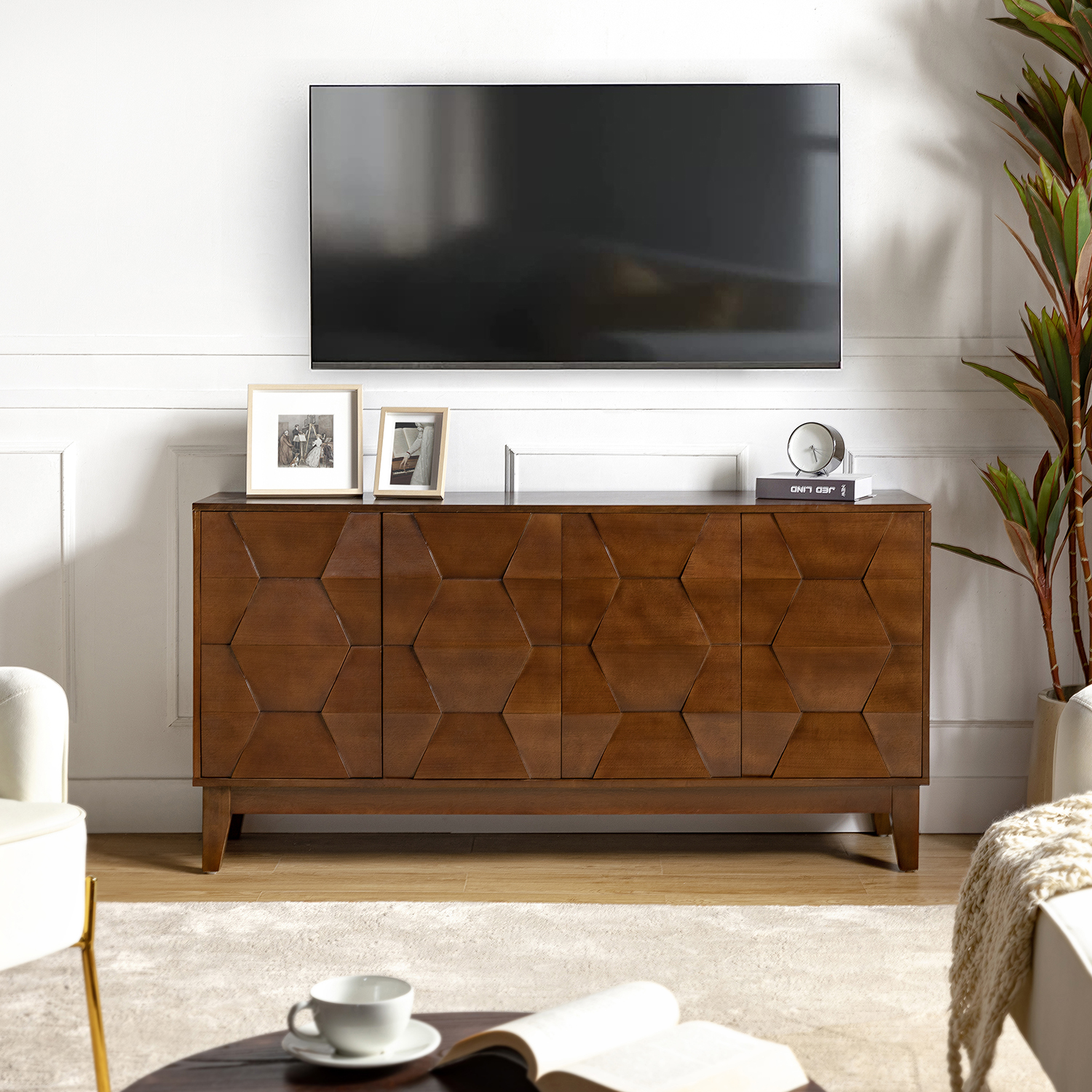 Bulanini Walnut 4-Door, 2-Shelf Solid Wood Sideboard TV Stand 2 Bulanini Walnut 4-Door, 2-Shelf Solid Wood Sideboard TV Stand - Image 2