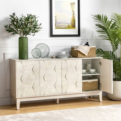 Bulanini White Solid Wood 4-Door Sideboard Storage Cabinet