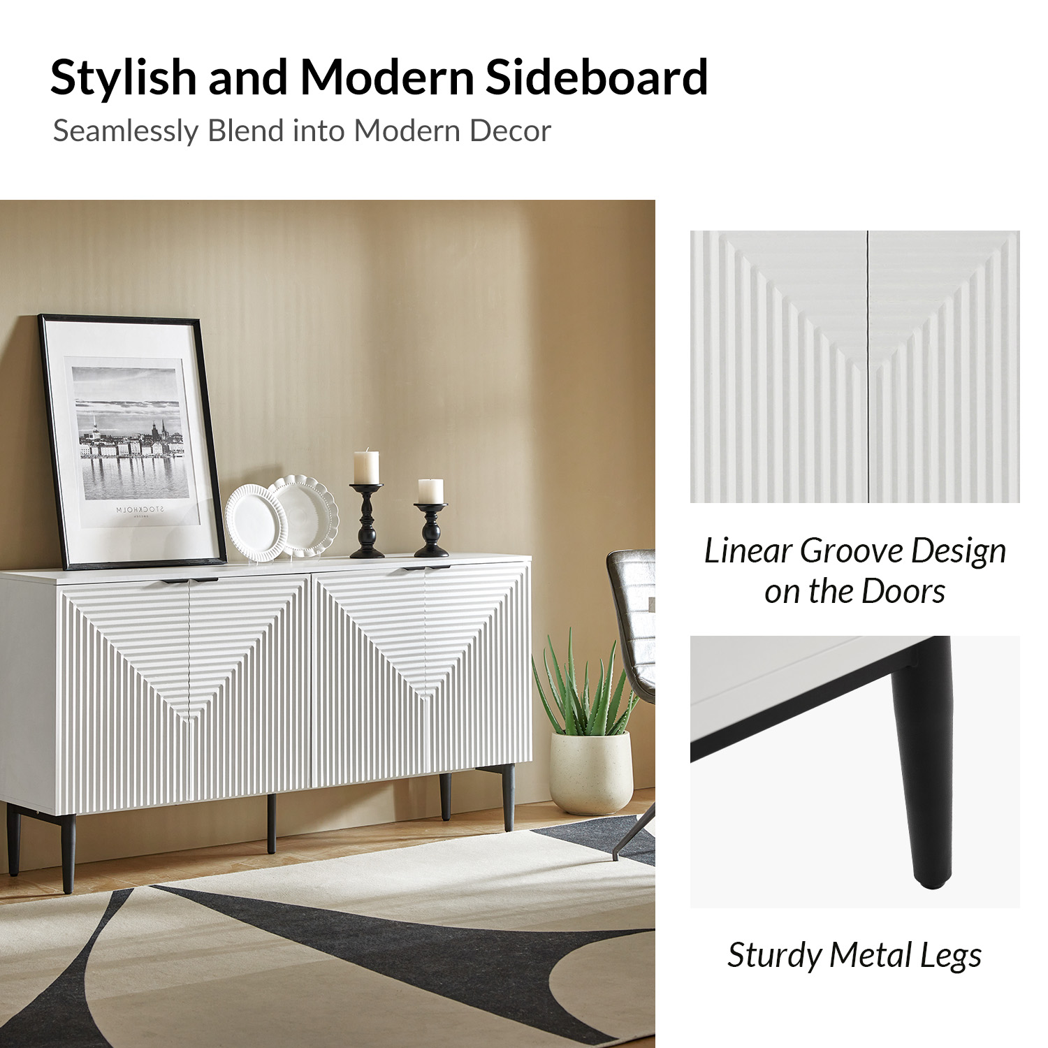 Burkart White 4-Door Grooved Modern Sideboard with Wine Rack 5 Burkart White 4-Door Grooved Modern Sideboard with Wine Rack - Image 5