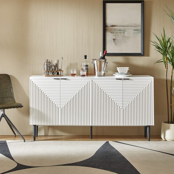 Burkart White 4 Door Grooved Modern Sideboard with Wine Rack
