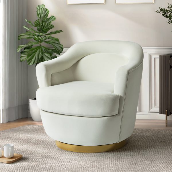 Burkhard Ivory Velvet Swivel Barrel Chair with Golden Base