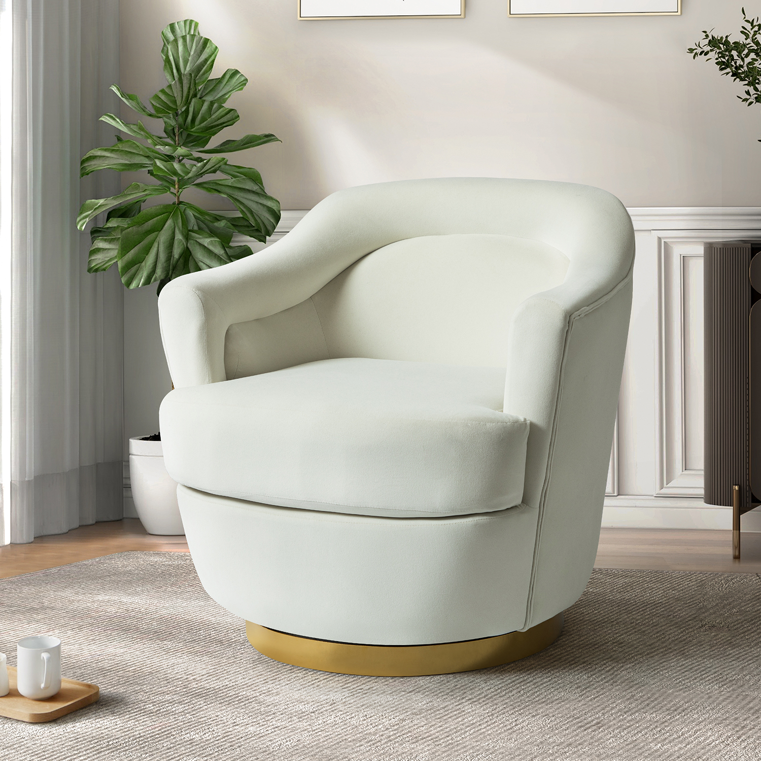 Burkhard Ivory Velvet Swivel Barrel Chair with Golden Base 1 Burkhard Ivory Velvet Swivel Barrel Chair with Golden Base
