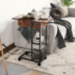 Rustic Brown C Shaped Side Table with Charging Station Wheels 8 Rustic Brown C Shaped Side Table with Charging Station Wheels