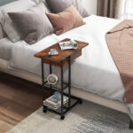 Rustic Brown C Shaped Side Table with Charging Station Wheels 9 Rustic Brown C Shaped Side Table with Charging Station Wheels