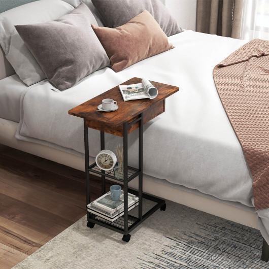 Rustic Brown C Shaped Side Table with Charging Station Wheels 2 Rustic Brown C Shaped Side Table with Charging Station Wheels - Image 2