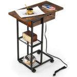 Rustic Brown C Shaped Side Table with Charging Station Wheels 10 Rustic Brown C Shaped Side Table with Charging Station Wheels