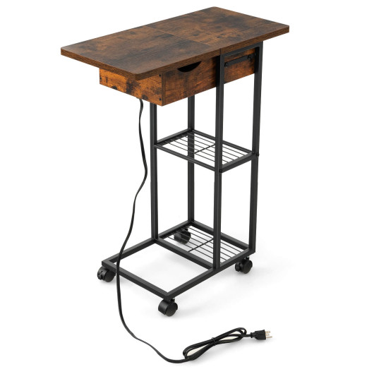 Rustic Brown C Shaped Side Table with Charging Station Wheels 4 Rustic Brown C Shaped Side Table with Charging Station Wheels - Image 4