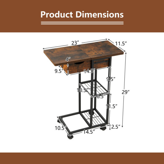 Rustic Brown C Shaped Side Table with Charging Station Wheels 5 Rustic Brown C Shaped Side Table with Charging Station Wheels - Image 5