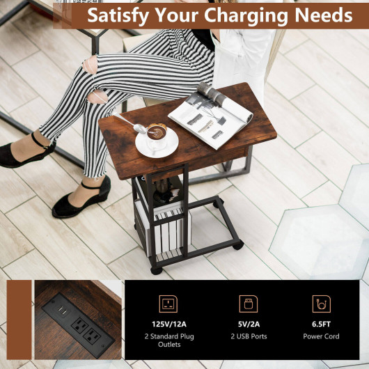 Rustic Brown C Shaped Side Table with Charging Station Wheels 6 Rustic Brown C Shaped Side Table with Charging Station Wheels - Image 6