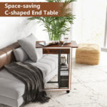 Rustic Brown C Shaped Side Table with Charging Station Wheels 14 Rustic Brown C Shaped Side Table with Charging Station Wheels