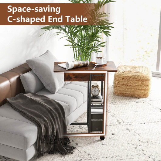 Rustic Brown C Shaped Side Table with Charging Station Wheels 7 Rustic Brown C Shaped Side Table with Charging Station Wheels - Image 7