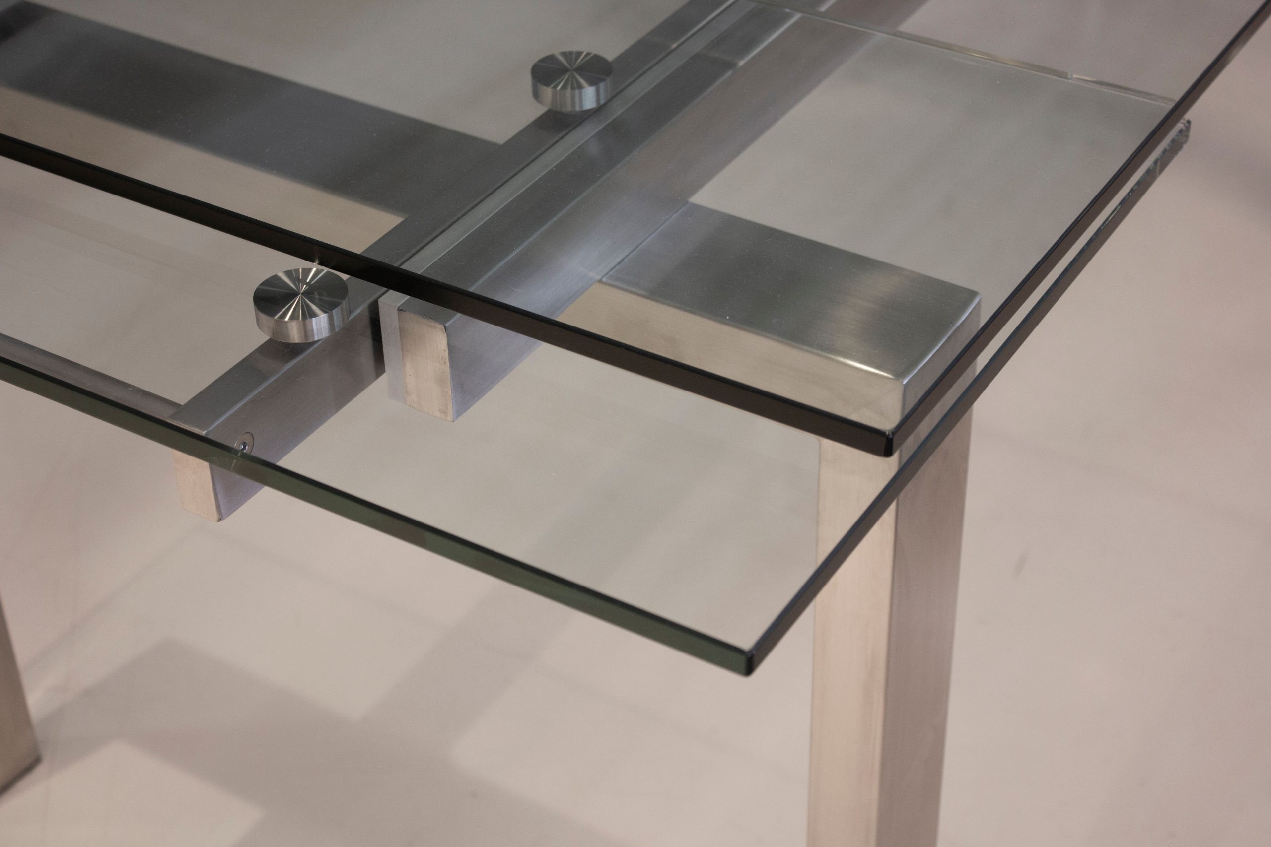 CANTRO Clear Tempered Glass Brushed Stainless Steel Extension Dining Table 4 CANTRO Clear Tempered Glass Brushed Stainless Steel Extension Dining Table - Image 4