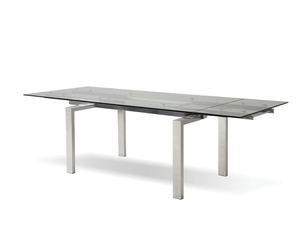 CANTRO Clear Tempered Glass Brushed Stainless Steel Extension Dining Table 1 CANTRO Clear Tempered Glass Brushed Stainless Steel Extension Dining Table