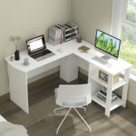 White L-Shaped Corner Desk with Shelves and Cable Holes 8 White L-Shaped Corner Desk with Shelves and Cable Holes