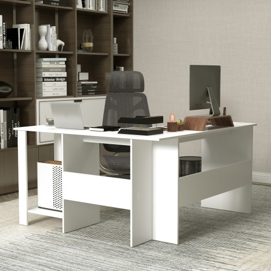 White L-Shaped Corner Desk with Shelves and Cable Holes 2 White L-Shaped Corner Desk with Shelves and Cable Holes - Image 2