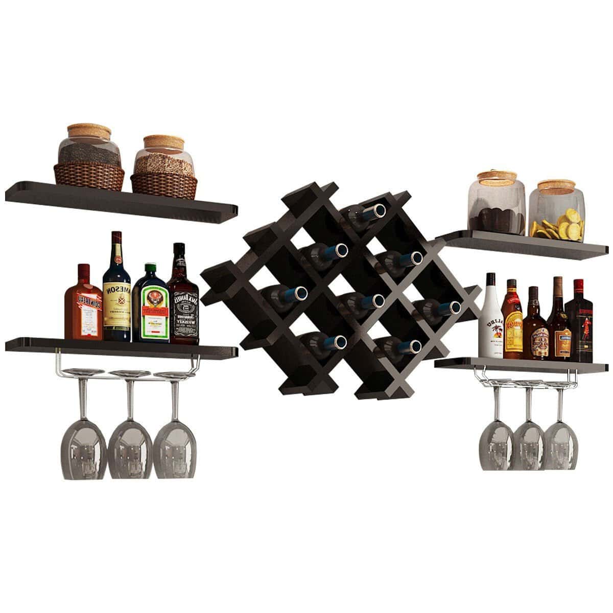Wall Mounted Black Wine Rack with Shelves and Glass Holders (Set of 5) 1 Wall Mounted Black Wine Rack with Shelves and Glass Holders (Set of 5)