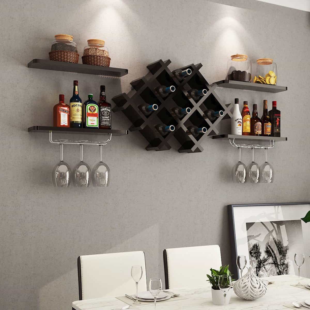 Wall Mounted Black Wine Rack with Shelves and Glass Holders (Set of 5) 3 Wall Mounted Black Wine Rack with Shelves and Glass Holders (Set of 5) - Image 3