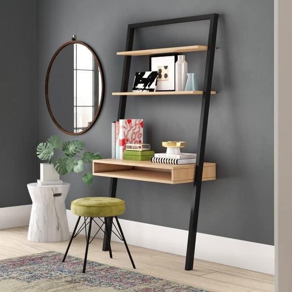 Farmhouse Oak Black Leaning Ladder Desk with 2 Shelves