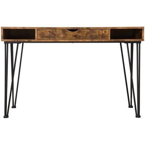 Farmhouse Rustic Writing Desk with Drawer and Metal Hairpin Legs