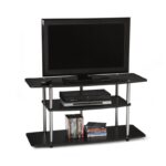 3-Tier Black Wood Grain TV Stand with Stainless Steel 3 3-Tier Black Wood Grain TV Stand with Stainless Steel