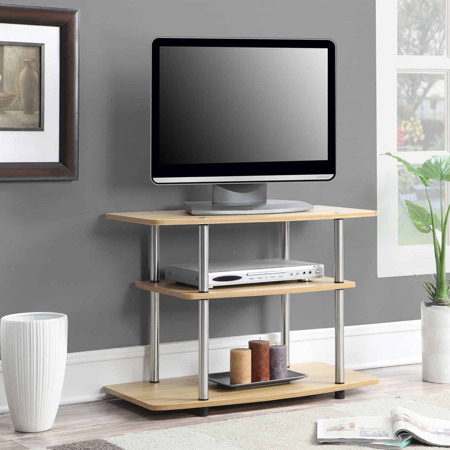 Modern Light Oak TV Stand with Stainless Steel Poles 1 Modern Light Oak TV Stand with Stainless Steel Poles