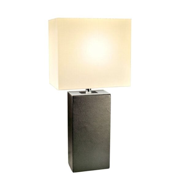 Modern Black Leather Table Lamp with White Fabric Shade