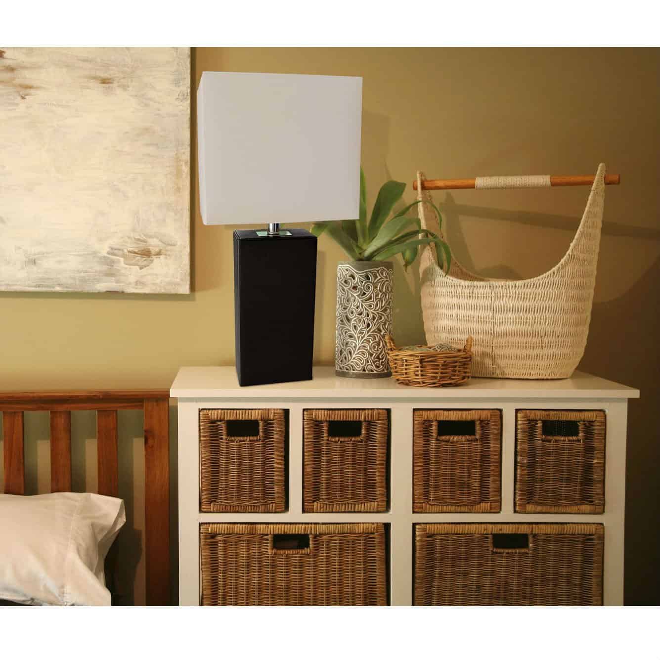 Modern Black Leather Table Lamp with White Fabric Shade 2 Modern Black Leather Table Lamp with White Fabric Shade - Image 2