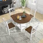 Round Drop Leaf Dining Table Set White Walnut Finish (Set of 5)