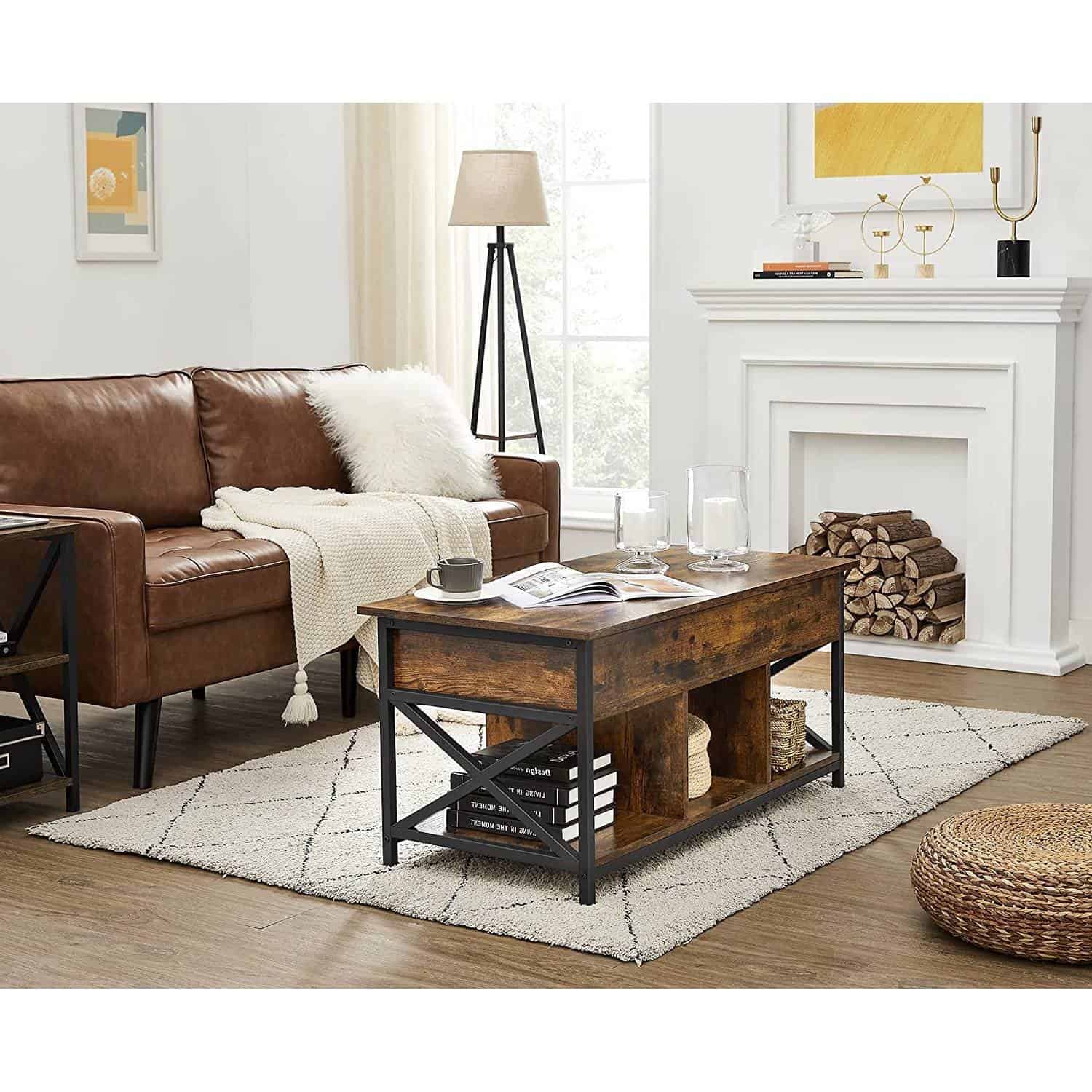 Rustic Brown Lift Top Coffee Table with Storage and Steel Legs 2 Rustic Brown Lift Top Coffee Table with Storage and Steel Legs - Image 2