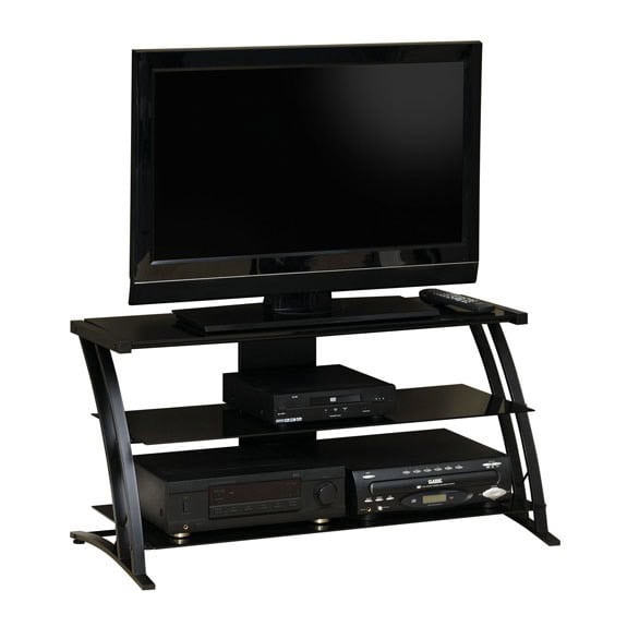 Modern Black TV Stand with Glass Shelves and Cord Access 4 Modern Black TV Stand with Glass Shelves and Cord Access - Image 4