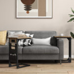 Rustic Brown C Shaped End Table with Charging Station (Set of 2)